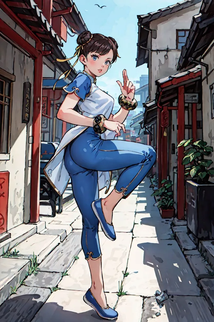 The image is of a young woman in a blue and white outfit standing in a street with her right leg raised and her left hand extended in a fighting stance. She has brown hair tied in a bun and is wearing blue shoes. The background is of a street with traditional Chinese-style buildings and a blue sky.