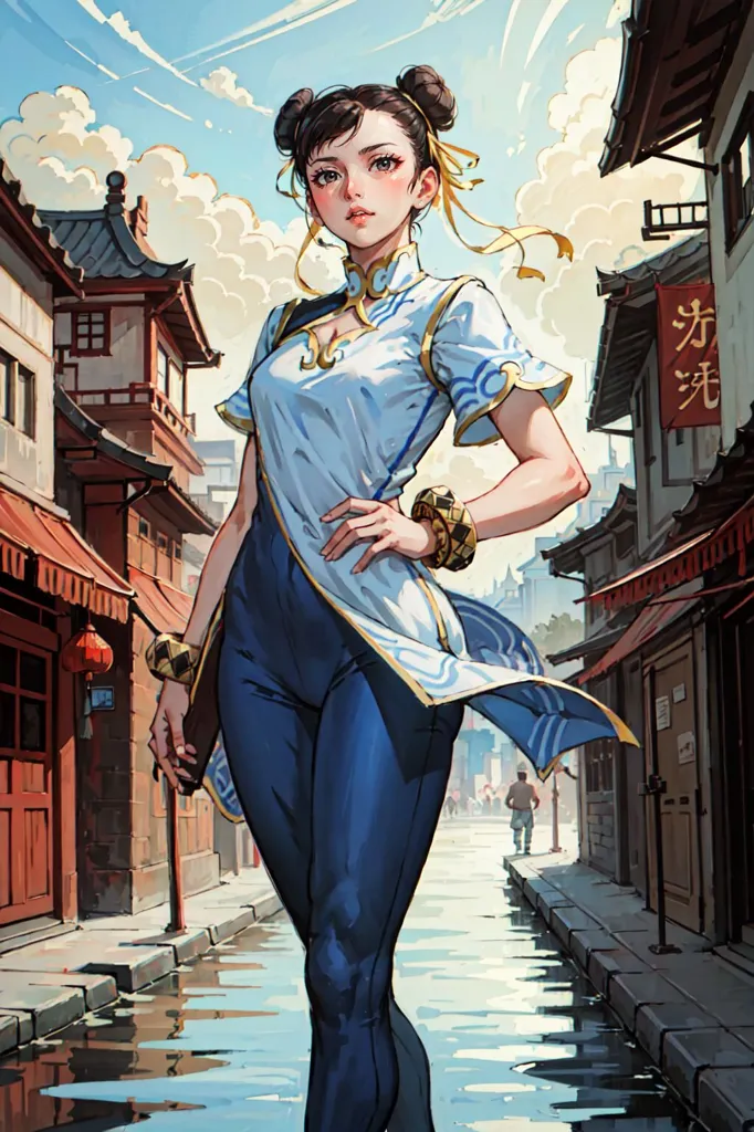 The image is of a young woman standing in a street with traditional Chinese style architecture. The woman is dressed in a white and blue outfit and has her hair in a bun. She is looking at the viewer with a confident expression on her face. The background of the image is blurry, but it appears to be a street with people walking around. The image is in a realistic style and the colors are vibrant and bright.