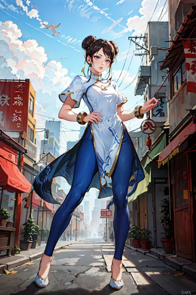 This is an image of a woman standing in a street. She is wearing a white and blue cheongsam-style dress with blue pants and white heels. She has her hands on her hips and is looking at the viewer with a confident expression. The background is a busy street with people walking around and buildings lined up on either side. The sky is blue and there are clouds in the distance.