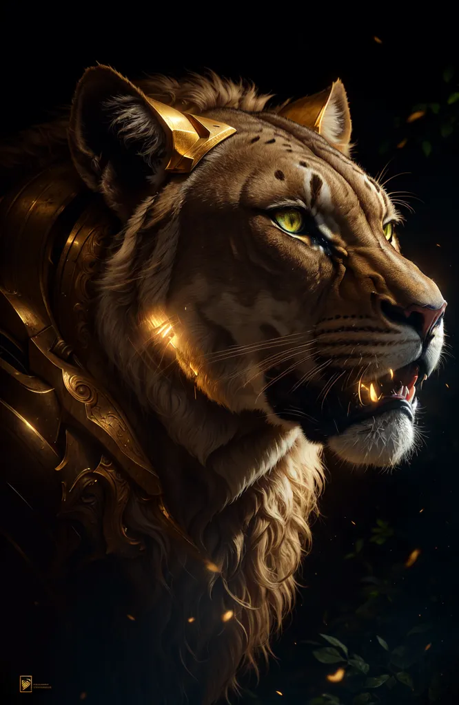 The image is a digital painting of a lion. The lion is in profile, with its head turned slightly to the viewer. It has a golden mane and green eyes. The lion is wearing a golden crown and armor. The background is dark, with a few leaves in the foreground. The lion is in the center of the image and is surrounded by a golden glow. The image is highly detailed and realistic.