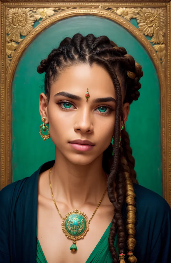 Cette image montre une jeune femme de couleur aux longs cheveux noirs coiffés en deux chignons sur le dessus de la tête. Elle a la peau brune et les yeux verts. Elle porte une robe verte avec un collier en or et des boucles d'oreilles vertes. Elle porte également un bindi sur le front. L'arrière-plan est de couleur vert foncé.