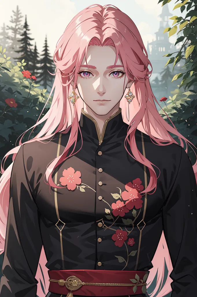 This is an image of a beautiful young man with pink hair and purple eyes. He is wearing a black shirt with red and pink flower designs and a red belt. He is also wearing gold earrings. He is standing in a forest with green trees and pink flowers in the background.