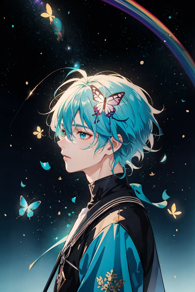 The image is of a beautiful anime boy with short blue hair and blue eyes. He is wearing a black and blue outfit and has a butterfly in his hair. There are also other butterflies flying around him. The background is a dark blue night sky with a rainbow. The boy is looking to the left of the frame. He has a calm and serene expression on his face. The image is very detailed and the colors are vibrant.