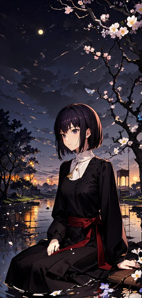 The image is a digital painting of a girl sitting on a rock in a forest. The girl is wearing a black dress with a red sash and has short black hair. She is looking down at the water in the lake. There are trees in the background and a full moon in the sky. The image is in a realistic style and the colors are vibrant. The image is peaceful and serene.