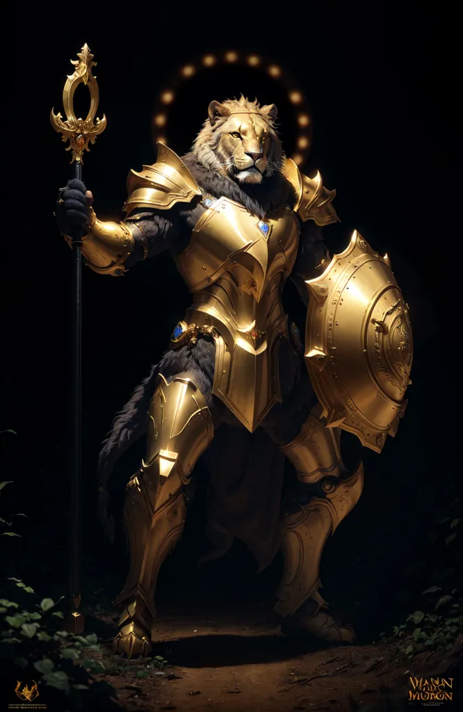 The image is a dark fantasy illustration of a lion-headed humanoid in golden armor. The lion-headed humanoid is standing in a dark forest, holding a golden staff in its right hand and a golden shield in its left hand. It is wearing a golden helmet with a red plume, and its armor is decorated with blue and green gems. The lion-headed humanoid has a muscular build, and its fur is dark brown. The background of the image is a dark forest, with green trees and a blue sky.