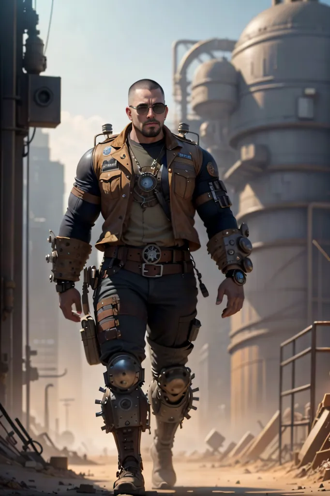 This is a picture of a man wearing a post-apocalyptic outfit. He is wearing a brown leather jacket, a gray shirt, and black pants. He has a lot of gadgets and weapons strapped to his body. He is also wearing a pair of sunglasses. He looks like he is ready for battle. The background is a destroyed city. There are ruins of buildings and large pipes everywhere. The sky is cloudy and looks like it is about to rain.