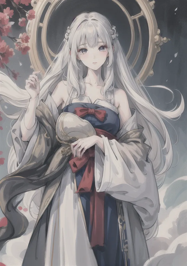 La imagen es de una hermosa chica de anime con el cabello largo y blanco y ojos púrpura. Lleva un vestido blanco y azul con un lazo rojo en la cintura. También lleva un collar blanco y rojo. Está de pie frente a un gran espejo con un árbol de flores de melocotón en el fondo. La chica sostiene una flor de melocotón en su mano derecha.