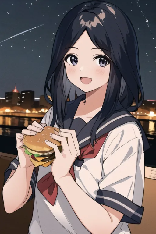 La imagen muestra a una chica de estilo anime con el cabello negro largo y ojos morados. Lleva una camisa blanca con un cuello azul marino y una corbata roja. También lleva una falda negra. La chica está de pie frente a un paisaje urbano nocturno. Está sosteniendo una hamburguesa en las manos y sonriendo. Hay estrellas fugaces en el cielo.