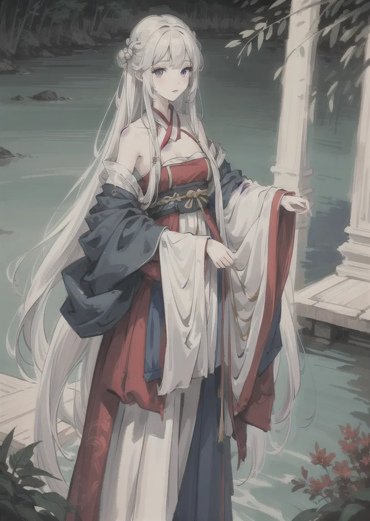 The image is of a beautiful anime girl with long white hair and purple eyes. She is wearing a red and white kimono with a blue sash and a white obi. She is standing on a stone bridge in a misty forest with a lake in the background.