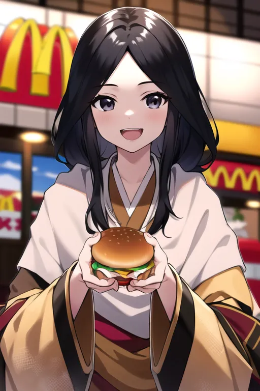 The image is of a young woman with long black hair and purple eyes. She is wearing a traditional Japanese kimono with a red and white obi. She is standing in front of a McDonald's restaurant and is holding a cheeseburger in her hands. She has a happy smile on her face.