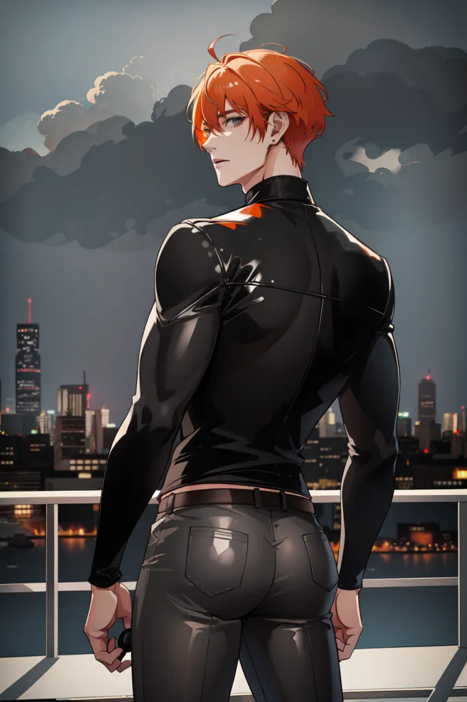 This is an image of a man standing on a rooftop, looking out at a city. He is wearing a black leather jacket and pants, and his orange hair is blowing in the wind. The city is in the background, with a river running through it. The sky is cloudy, and there is a building with a red light on it in the distance. The man is muscular and has a confident expression on his face.