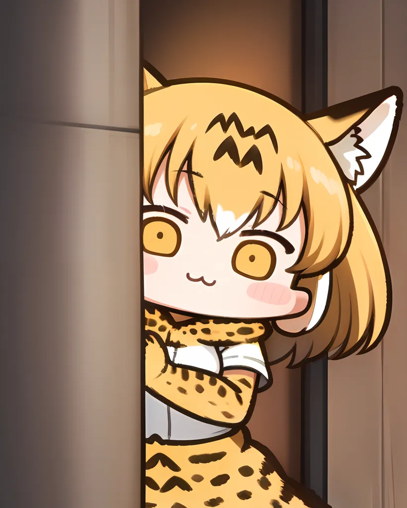 The image is of a serval, a type of wild cat, drawn in an anime style. The serval is peeking around a corner, with its eyes wide open and its ears perked up. It has a curious expression on its face. The serval is drawn in a realistic style, with its fur and markings being accurately depicted. The background is a simple wall, which helps to make the serval stand out.