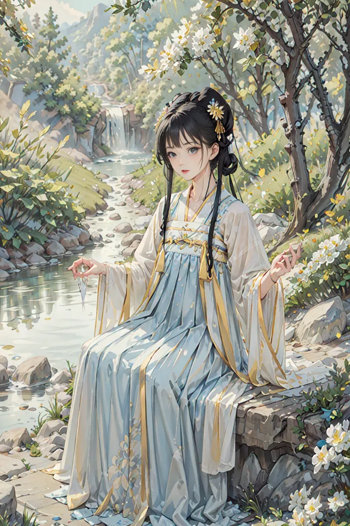 La imagen es una pintura de una mujer joven con un vestido hanfu blanco y azul, cabello negro largo y una flor amarilla en el cabello. Está sentada sobre una roca en un bosque con una cascada al fondo. La mujer sostiene una flor blanca en su mano derecha y la está mirando. Hay flores blancas y rosas en el suelo y en los árboles. La imagen es muy detallada y realista.