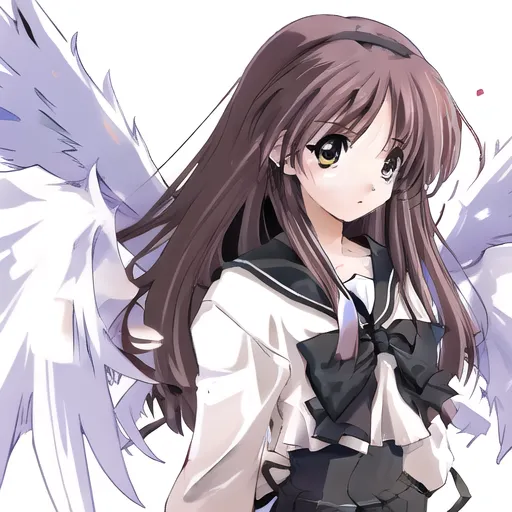 This is an image of a young girl with long brown hair and brown eyes. She is wearing a white blouse with a black bow, and a black skirt. She has angel wings made of white and light blue feathers. She is looking at the viewer with a slightly sad expression. The background is white.