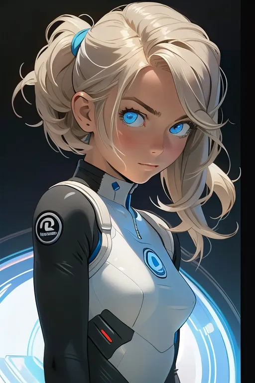 The image is a digital painting of a young woman with blonde hair and blue eyes. She is wearing a white and blue spacesuit with a ponytail. The background is a dark blue with a white circle in the center. The woman's expression is serious and determined.