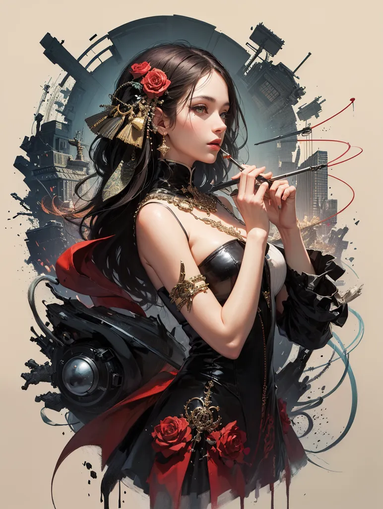 This is an image of a beautiful woman with long black hair and red eyes. She is wearing a black and red dress with a white rose in her hair. She is holding a paintbrush in her right hand and is painting on a canvas. There is a city in the background.