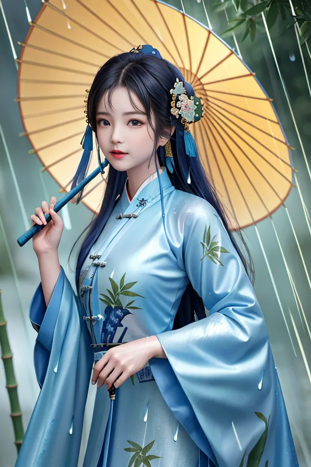 A imagem mostra uma jovem mulher vestindo um vestido azul segurando um guarda-chuva amarelo. Ela está em pé em uma floresta de bambu. Está chovendo. A mulher está usando um vestido tradicional chinês com um padrão floral azul e branco. O vestido tem um colarinho alto e mangas longas. O cabelo da mulher é longo e preto, e ela está usando um grampo de cabelo azul. Ela também está usando um par de brincos azuis. A mulher está segurando um guarda-chuva amarelo com um cabo preto. O guarda-chuva é feito de papel oleado. A mulher está em pé em uma floresta de bambu. Os bambus são altos e verdes. As folhas dos bambus são longas e estreitas. A mulher está em pé em uma clareira na floresta. Há um caminho que se afasta da clareira.