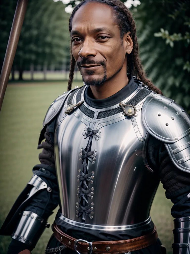 This image shows a man wearing a suit of armor. The man is African-American, with long dreadlocks. He is wearing a metal breastplate and a helmet with a visor. He is also wearing a sword and a shield. He has a slight smile on his face. The background is a green field with trees.