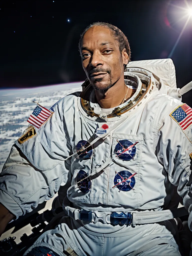 A imagem mostra um homem negro em um traje espacial com a bandeira americana no ombro. Ele está sentado em uma posição relaxada, com uma mão no colo e a outra segurando o lado do traje espacial. No fundo, há uma vista da Terra do espaço. O homem tem uma expressão séria no rosto. Ele está usando um traje espacial branco com um patch vermelho, branco e azul no peito. O traje espacial tem um logotipo da NASA no braço.