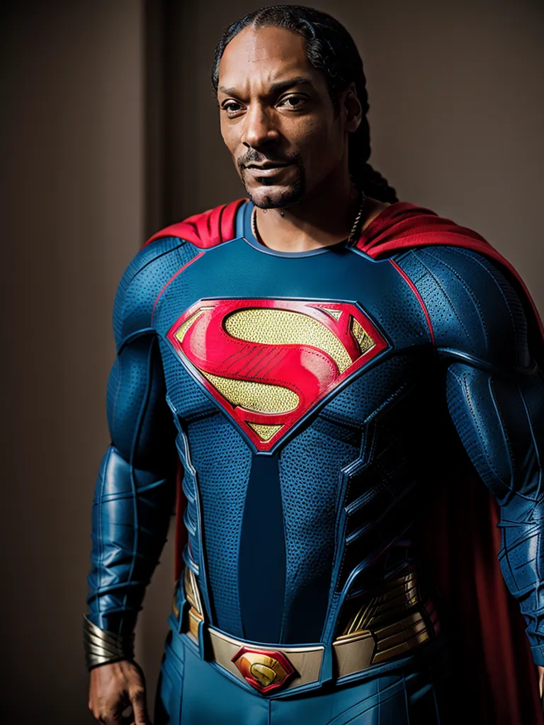 Esta imagen muestra a un hombre negro vestido como el superhéroe Superman. Lleva un traje azul y rojo con una capa roja. El traje tiene una gran \