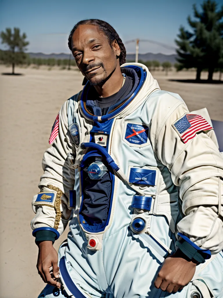 L'image montre un homme noir portant une combinaison spatiale avec le drapeau américain sur le bras. Il se tient dans un paysage désertique avec des montagnes à l'arrière-plan. L'homme a les mains sur les hanches et regarde la caméra avec un léger sourire sur le visage. Il a une expression confiante. L'image est bien éclairée et les couleurs sont vives. Le nom de l'homme est Snoop Dogg et c'est un rappeur célèbre.