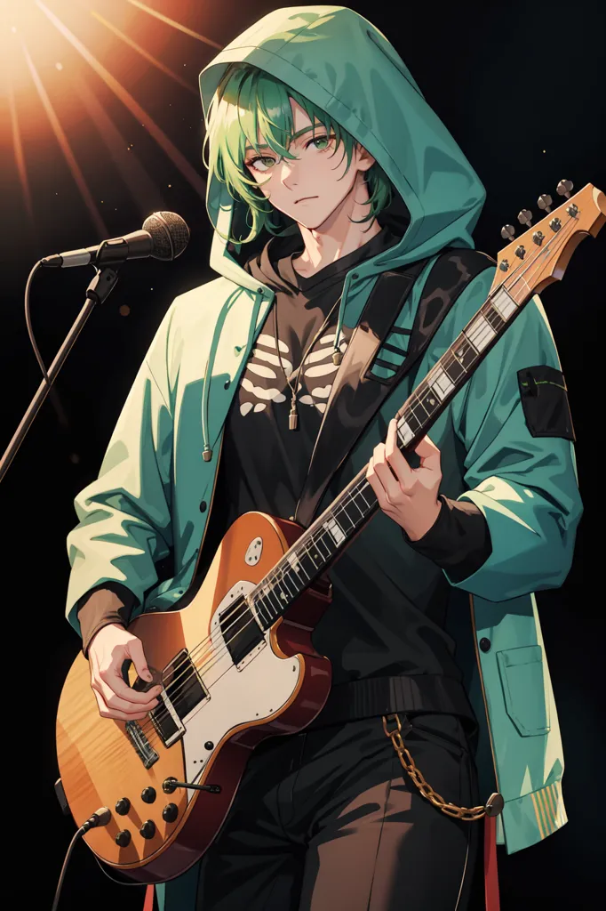 This is an image of a young man with green hair and eyes. He is wearing a green hoodie and black pants. He is playing an electric guitar. There is a microphone in front of him. He is standing on a stage with a spotlight shining on him.