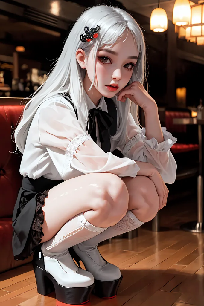 The image is a portrait of a young woman with long white hair and gray eyes. She is wearing a white blouse, a black skirt, and white boots. She is sitting on a chair with her legs crossed and her hand on her chin. She has a thoughtful expression on her face. The background is a blurred image of a restaurant.