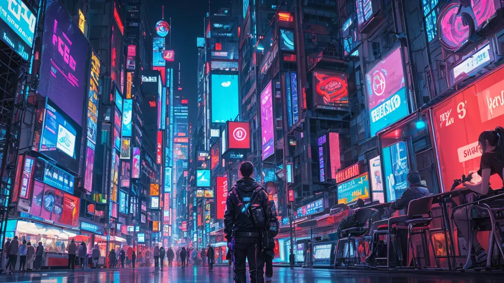 The image is a street scene in a cyberpunk city. It is night time and the street is lit by the bright lights of the city's many neon signs and billboards. The street is crowded with people, all of whom are wearing futuristic clothing. The people are walking, talking, and eating at the various food stalls that line the street. There are also a few people sitting at tables outside of the cafes and bars that are located on the street. The image is very detailed and captures the hustle and bustle of a busy city street.