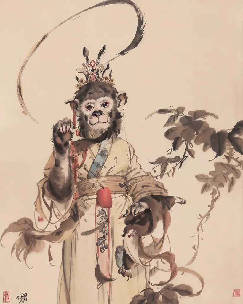 L'image est une peinture chinoise d'un roi singe. Le roi singe porte une couronne dorée et une robe rouge. Il tient une pêche dans sa main gauche et un bâton dans sa main droite. Il se tient sur un nuage et il y a des feuilles de pêche et des pêches derrière lui. La peinture est réalisée dans un style réaliste et les couleurs sont vives et bri