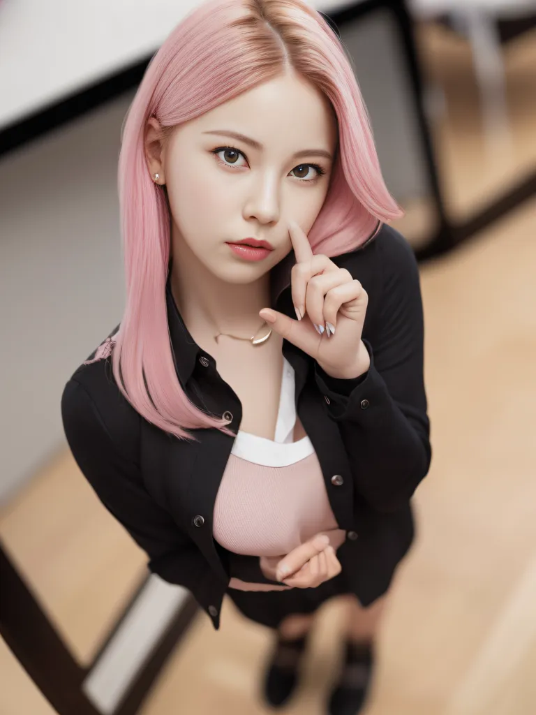 The image shows a young woman with pink hair and light makeup. She is wearing a black jacket and a pink shirt. She is looking at the camera with a serious expression and has one finger pressed to her lips, shushing the viewer.