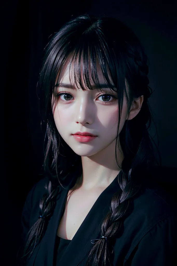 The image shows a young woman with long black hair, bangs, and dark eyes. She is wearing a black jacket and has a serious expression on her face. The background is dark. The image is a digital painting and is very realistic.