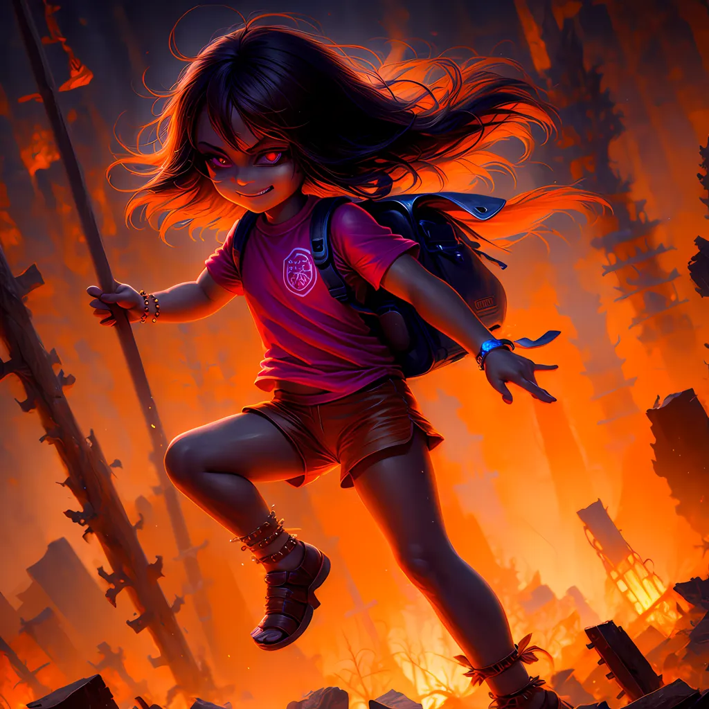 The image is of a young girl with long brown hair and brown eyes. She is wearing a pink shirt, blue shorts, and a blue backpack. She is also wearing a bracelet on her right wrist and a necklace with a pendant in the shape of a heart. She is standing in a post-apocalyptic city. There are ruins of buildings all around her and the sky is orange. The girl is looking at the viewer with a determined expression on her face.