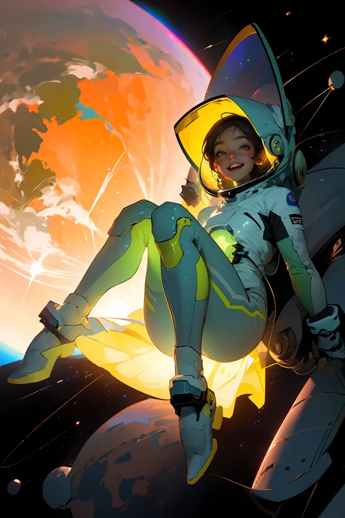 Ceci est une image d'une jeune fille en combinaison spatiale assise sur une station spatiale. Elle a les jambes croisées et sourit. Elle porte une combinaison spatiale blanche avec des éléments verts et jaunes. La combinaison a un casque à bulle transparente. Elle est assise sur une plateforme jaune qui comporte un panneau de contrôle. Il y a une grande planète en arrière-plan avec une lune plus petite en orbite. La planète est orange et la lune est grise. Il y a des étoiles en arrière-plan.