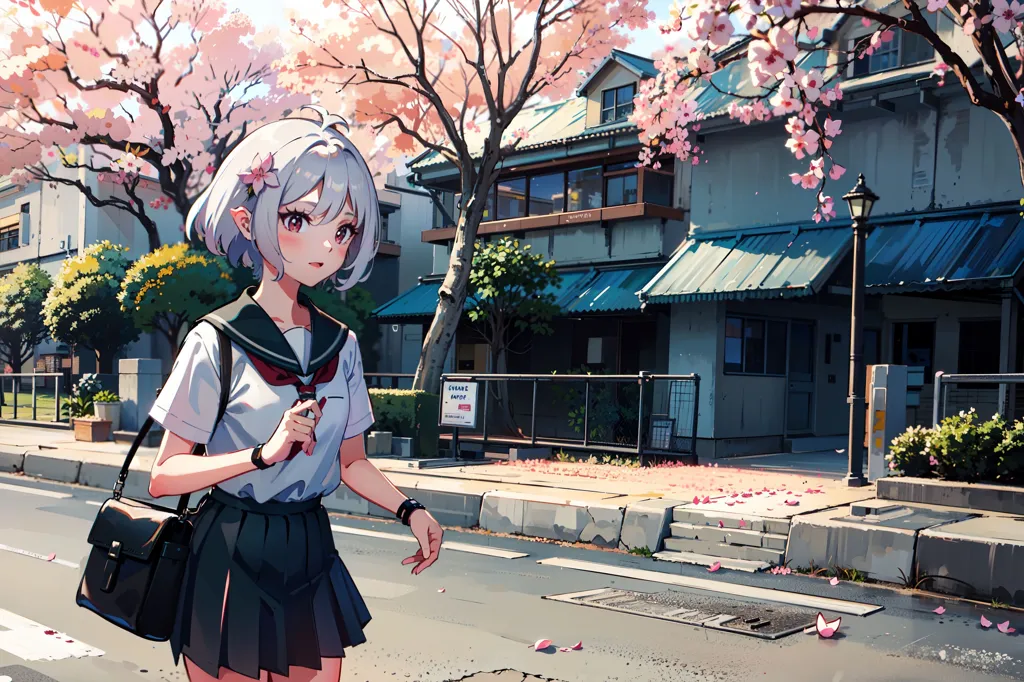 The image is a depiction of a young girl with white hair and pink eyes. She is wearing a white shirt, black skirt, and black bag. The girl is walking down a street in Japan, which is lined with cherry blossom trees. The cherry blossoms are in full bloom, and their petals are falling to the ground. The girl is looking at the cherry blossoms as she walks. There is a traditional Japanese house in the background. The image is peaceful and serene, and it captures the beauty of the cherry blossom season in Japan.