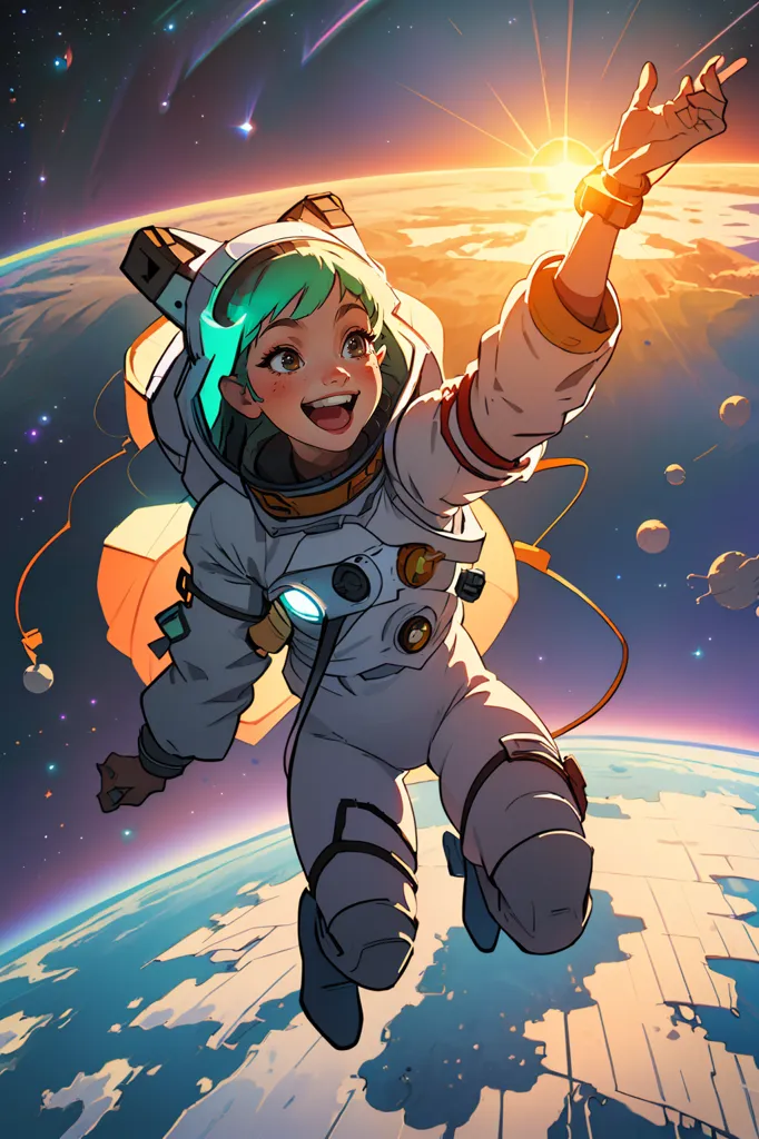 This is an illustration of an astronaut in space. She has green hair and brown eyes. She is wearing a white spacesuit with a clear bubble helmet. There is a planet in the background and stars in the distance. She is smiling and has her right arm raised.