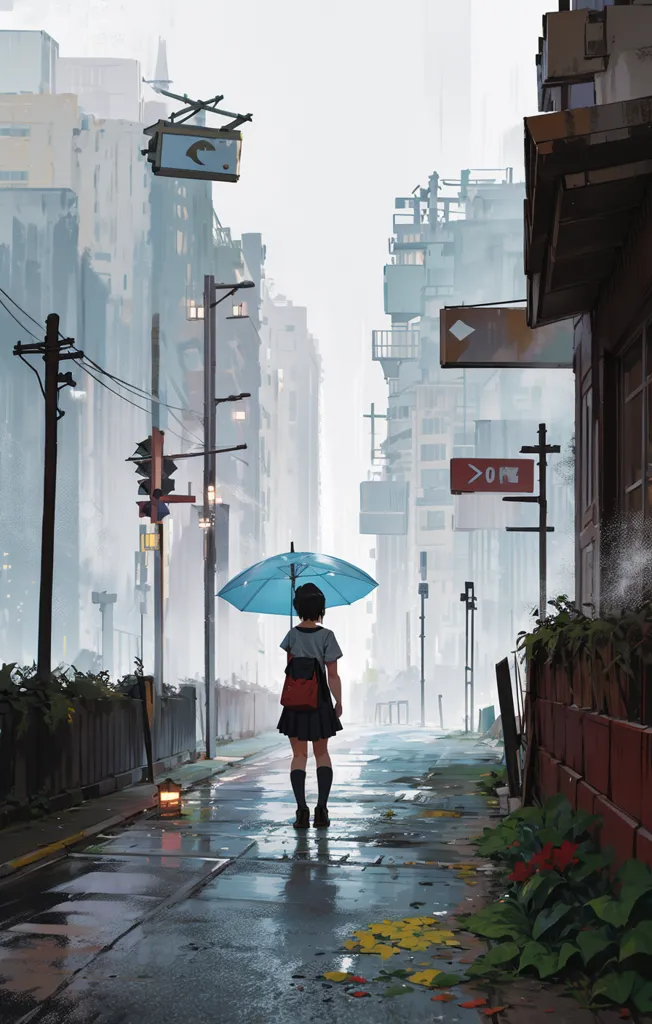 The image is set in a rainy city street. The street is lined with tall buildings, many of which are in disrepair. The street is wet from the rain, and there are puddles of water everywhere. A young girl is walking down the street. She is wearing a school uniform and carrying a blue umbrella. The girl is looking down at the ground as she walks. She has a sad expression on her face.