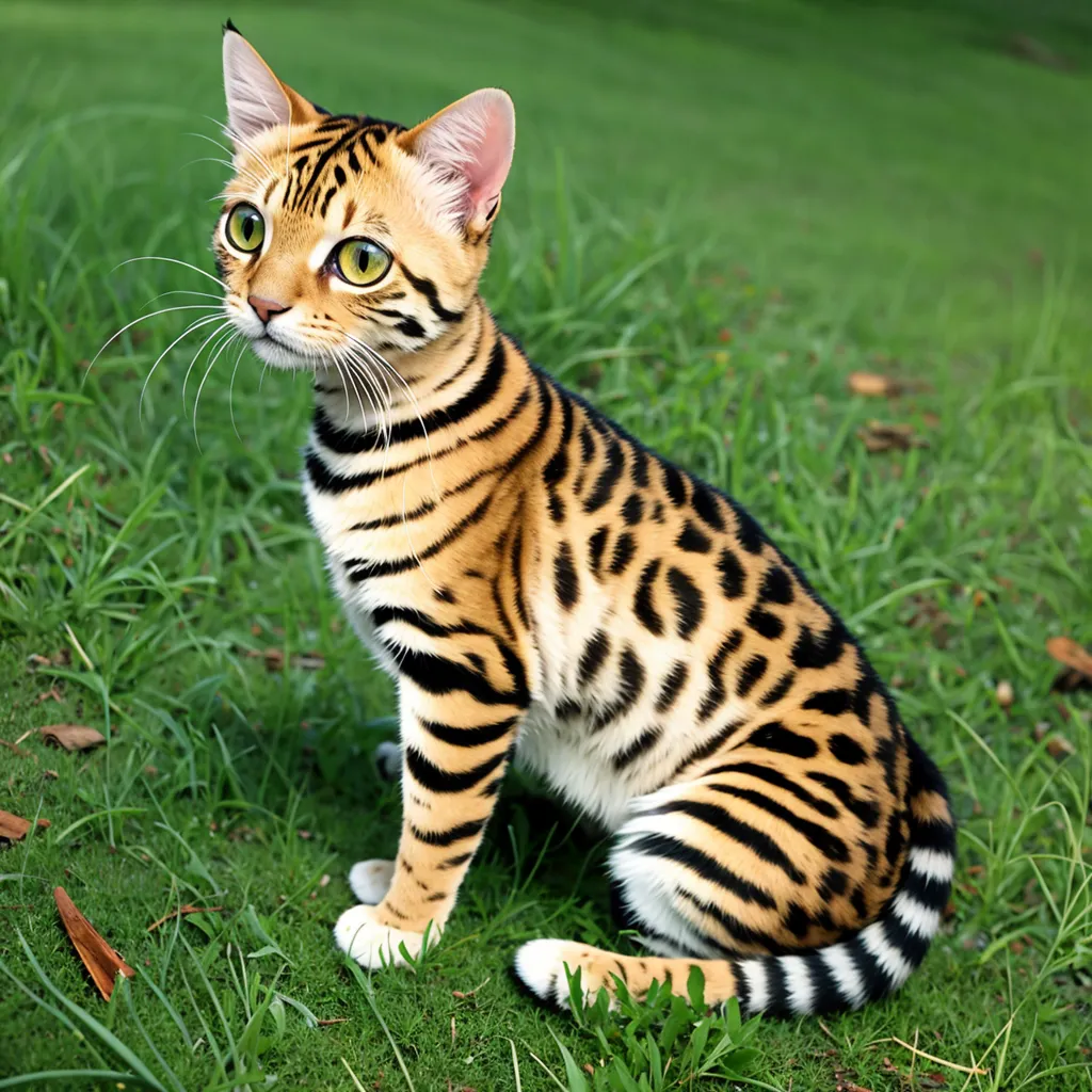 The image shows a beautiful cat with green eyes and a unique coat pattern. The cat is sitting on green grass and looking away from the camera. Its coat is golden brown with black spots and stripes, similar to a Bengal cat. The cat is well-groomed and healthy-looking.