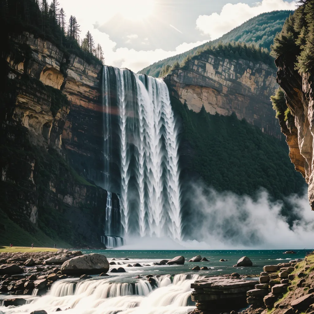 The image shows a waterfall in a valley. The waterfall is very tall and wide, and the water falls from a great height. The waterfall is surrounded by steep cliffs, and the water crashes against the rocks at the bottom. The waterfall creates a lot of mist, which rises up into the air. The waterfall is in a remote area, and there are no people visible in the image. The waterfall is a beautiful and natural wonder.