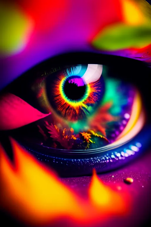 This is a digitally generated image of an eye. The eye is in the center of the image and is looking at the viewer. The eye is surrounded by a rainbow of colors, with the colors getting brighter towards the outside of the eye. The iris of the eye is a deep purple color, with a bright yellow pupil. The eye is also surrounded by a number of small, brightly colored dots.