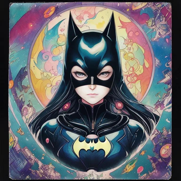 This is an image of Batgirl, a character from the DC Comics universe. She is depicted wearing her classic black and yellow costume, with a bat symbol on her chest, and a black mask that covers her eyes. She has long black hair and a determined expression on her face. The background is a colorful swirl of bright colors, with various objects and symbols from the Batman universe, such as the bat signal, the Joker's playing card, and the Riddler's question mark. The overall composition is dynamic and visually striking, capturing the essence of Batgirl's character and the world she inhabits.