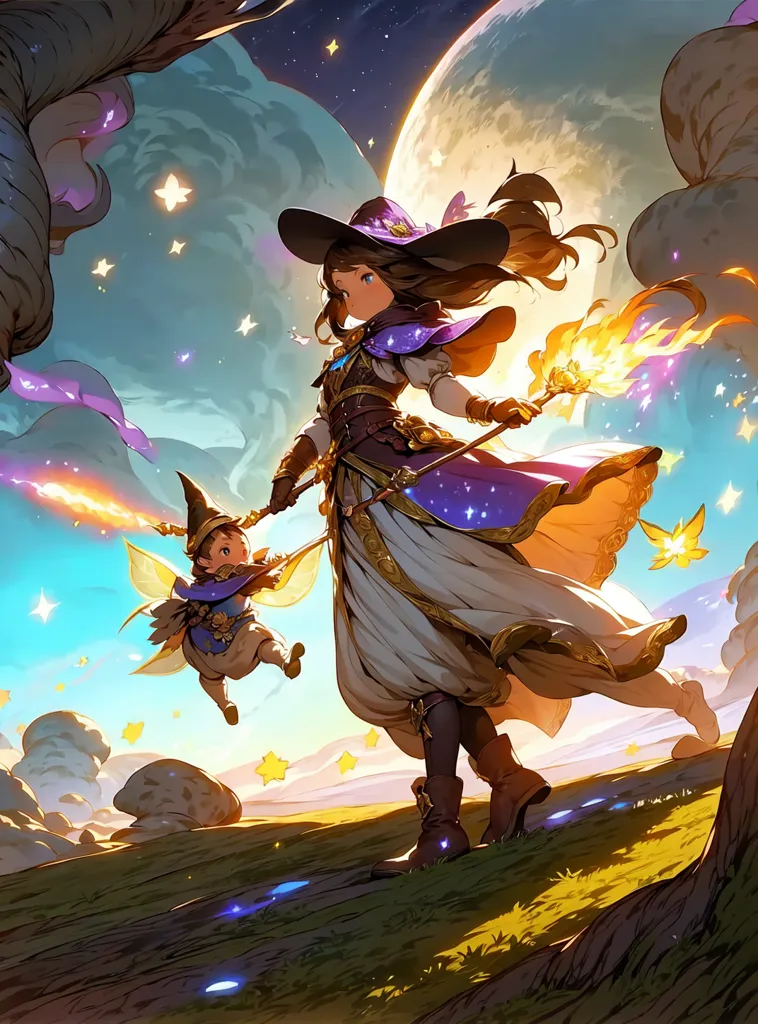 The image is of a young girl in a purple and white dress with a brown hat holding a staff with a flame at the end. She is walking through a forest with a small creature with blue wings and a yellow hat flying next to her. The background is a starry night sky with a large moon.