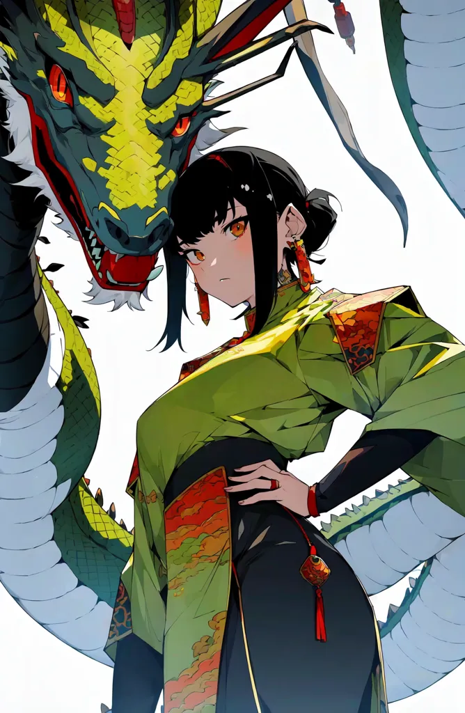 The image is of a woman with long black hair and red eyes. She is wearing a green and red cheongsam-style dress with a white collar. She has a dragon tattoo on her right arm. She is standing in front of a large green and yellow dragon. The dragon has its mouth open and is baring its teeth. The woman has her hand on her hip and is looking at the viewer with a confident expression.