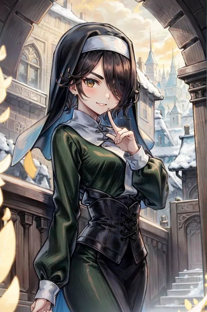 The image is of a young woman dressed as a nun. She has brown hair and green eyes, and is wearing a black and white habit. She is standing in a stone archway, with a city in the background. The city is covered in snow, and there are mountains in the distance. The woman has her finger pressed to her lips, indicating that she wants the viewer to be quiet.