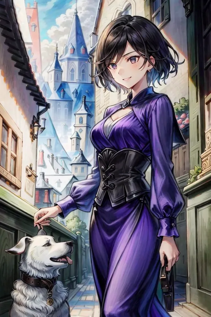 This is an image of a woman walking a dog down a street in a European-style town. The woman is wearing a purple dress with a black corset. She has dark hair and purple eyes. The dog is white with a black collar. The street is made of cobblestones and there are buildings on either side of the street. The buildings are made of brick and have wooden shutters. There is a blue sky with white clouds overhead.