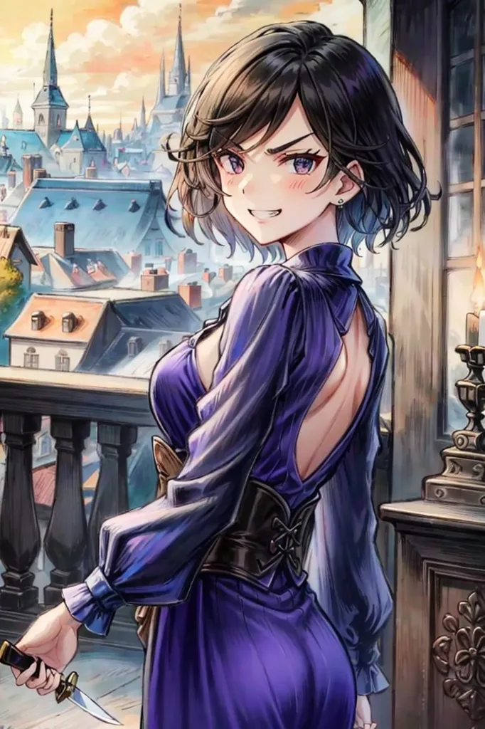 The picture shows a young woman with short black hair and purple eyes. She is wearing a purple dress with a low neckline and a black corset. She is standing on a balcony, looking out over a city. There is a large building with a clock tower in the background. The sky is blue and there are some clouds in the distance.