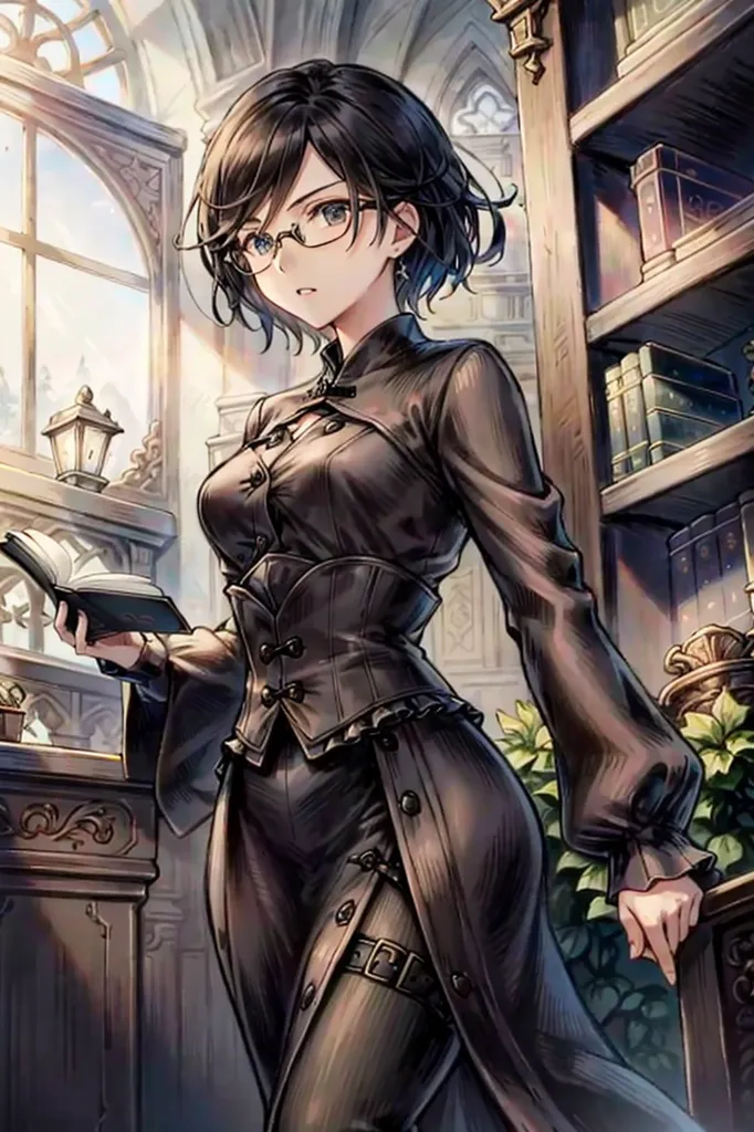 The image shows a young woman with short black hair and glasses wearing a black corset and a long black skirt. She is standing in a library, surrounded by bookshelves. She is holding a book in her hands and looking at it with a thoughtful expression.