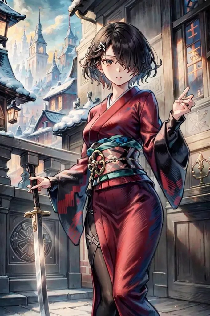 This image shows a young woman standing on a stone balcony in a snowy city. She is wearing a red kimono with a white obi and has short brown hair. She is holding a sword in her right hand and has her left hand raised in the air. The background of the image is a city with snow-covered rooftops and mountains in the distance.