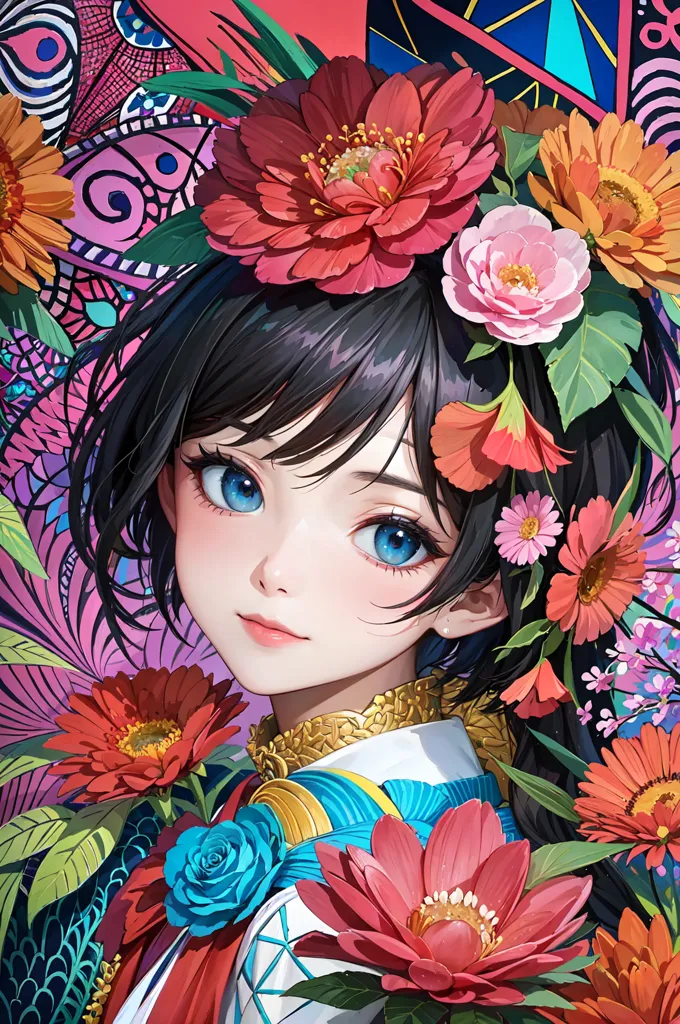 This image is a painting of a young woman with long black hair and blue eyes. She is wearing a traditional Japanese kimono with a floral pattern. Her hair is adorned with various flowers, including red, pink, and white. The background is a colorful pattern of geometric shapes and flowers. The painting has a soft, ethereal quality, and the woman's expression is one of serenity and peace.