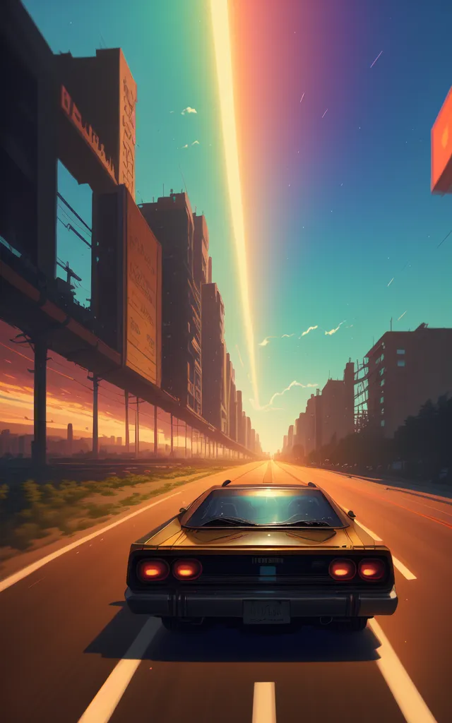 The image shows a retrofuturistic city street with a blue sky and a hint of sunset. The street is lined with tall buildings and a large billboard. The road is empty except for a lone car driving away from the viewer. The car is a dark color, possibly black or blue, and has a spoiler on the back. The image is in a realistic style and the colors are vibrant and saturated.