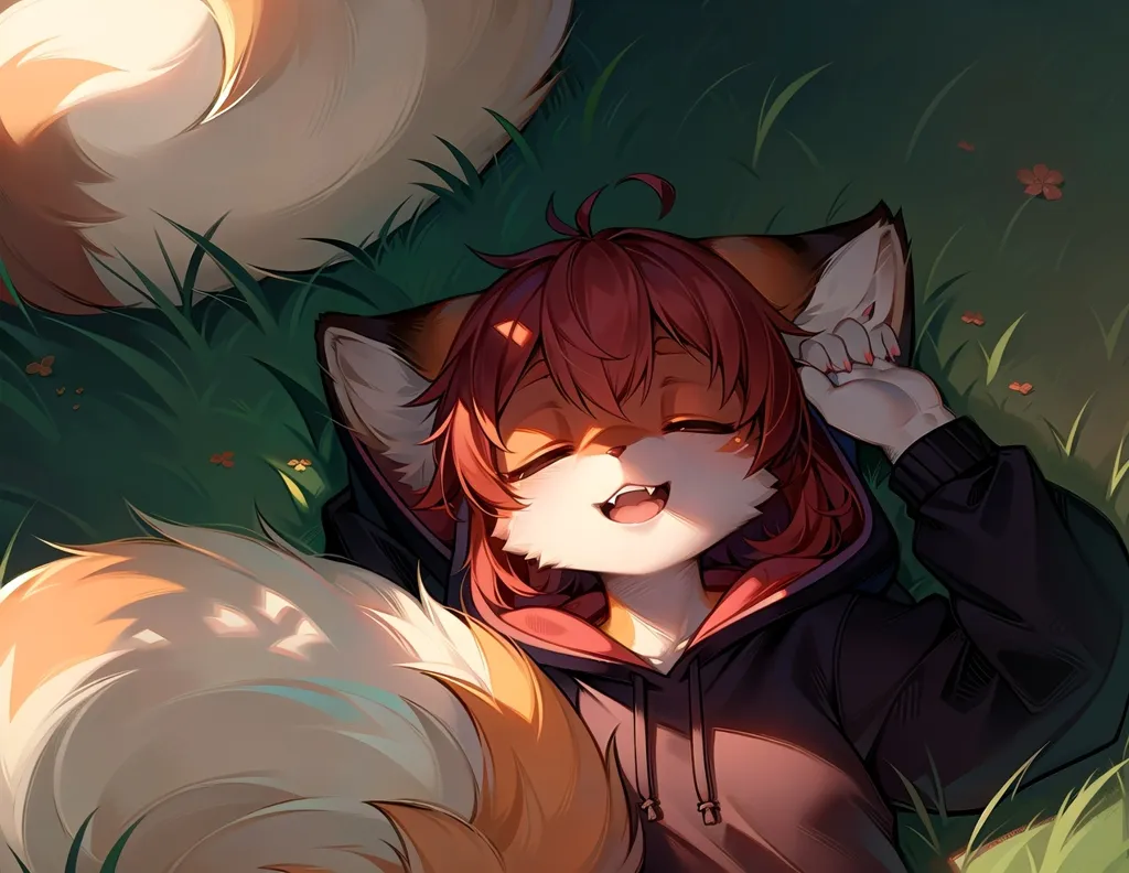 The image is of a red fox furry character with their eyes closed and a happy expression on their face. They are wearing a black hoodie with a red zipper and have one hand resting on their chest while the other is holding a strand of their hair. Their ears are perked up and their tail is curled up behind them. They are lying in a grassy field with long grass and small red and yellow flowers. There is another fox nearby with a similar appearance but with white and yellow fur who's tail is draped over the first fox.